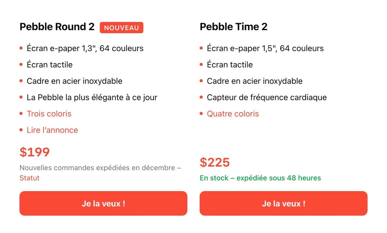 Pebble Round 2 à 199 $ et Pebble Time 2 à 225 $, avec dates d’expédition et boutons de commande