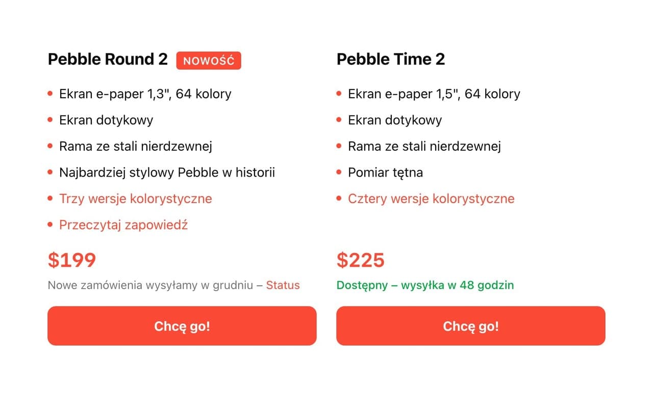 Pebble Round 2 za $199 i Pebble Time 2 za $225, z terminami wysyłki i przyciskami zamówienia