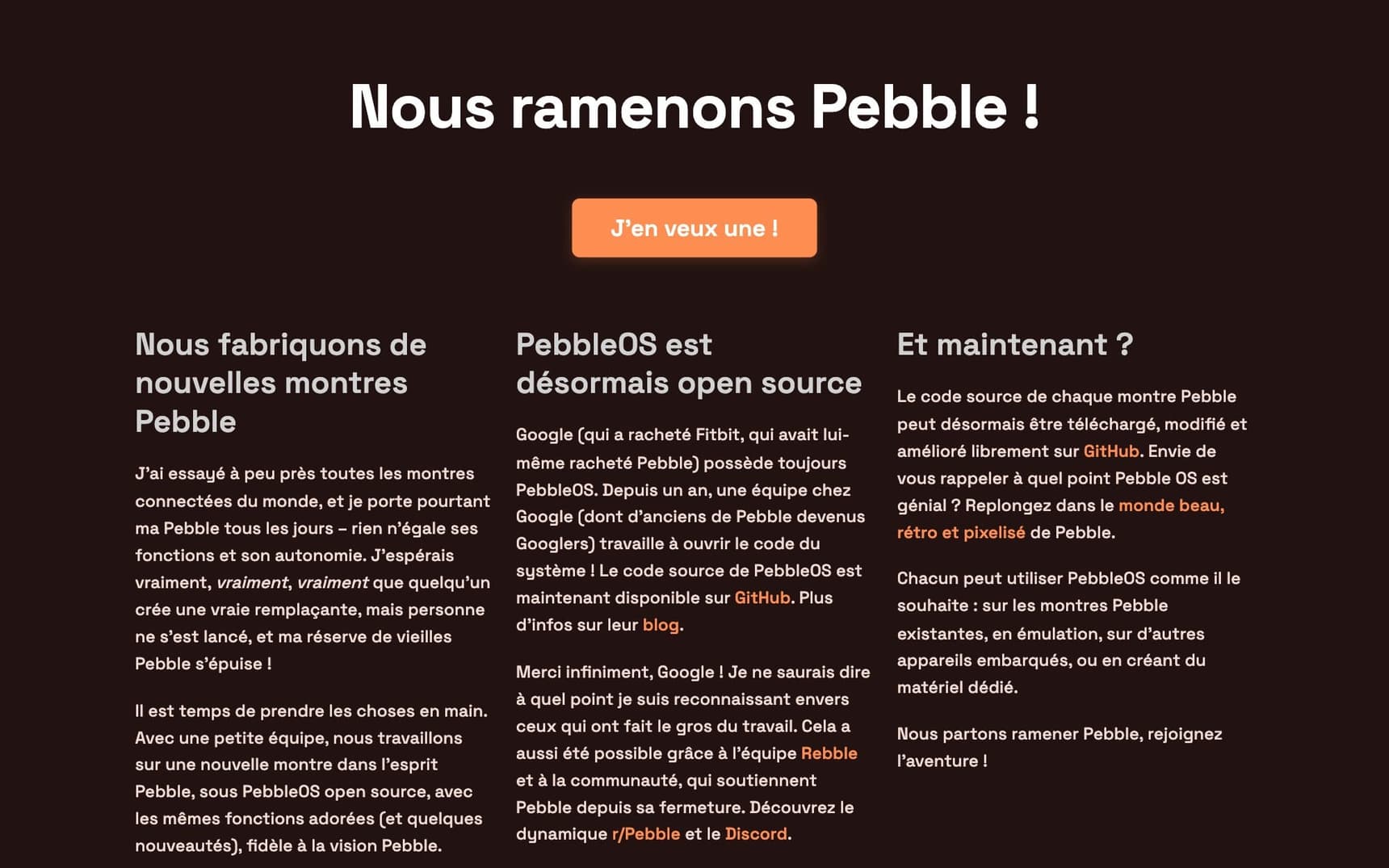 repebble.com en 2025 : un site d’une page, « Nous ramenons Pebble ! »
