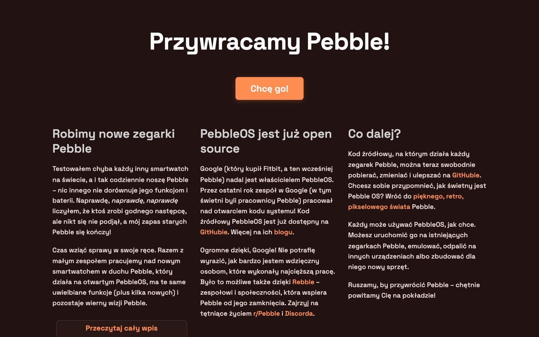repebble.com w 2025 roku: jedna strona „Przywracamy Pebble!”