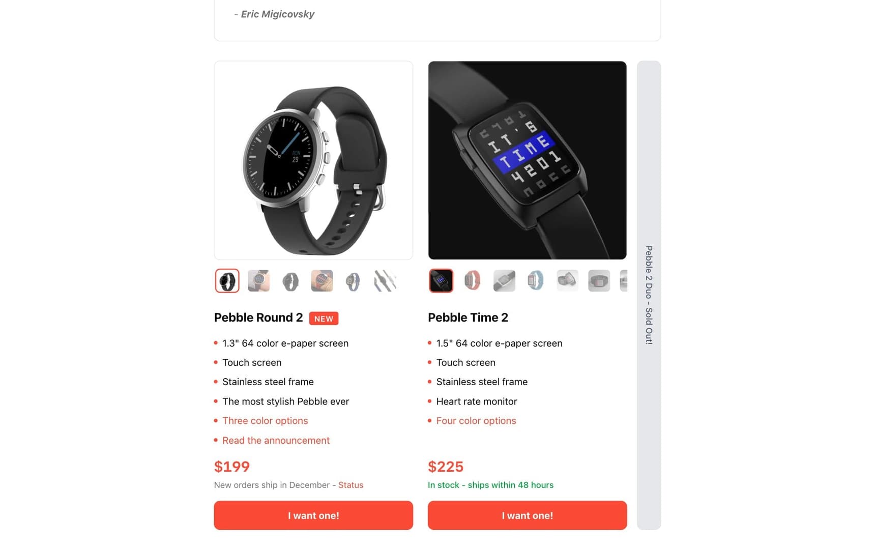 The Pebble store on desktop: Pebble Round 2 and Pebble Time 2