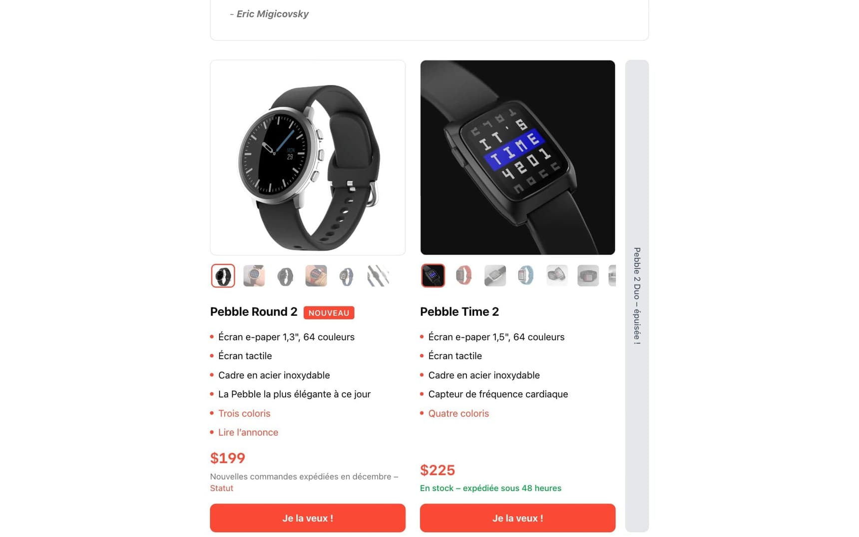 La boutique Pebble sur ordinateur : Pebble Round 2 et Pebble Time 2