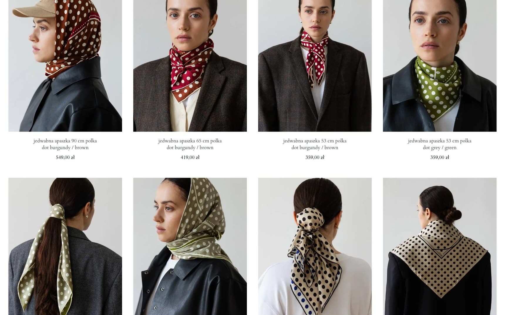 Siatka produktów Sine Silk, każda apaszka na modelce