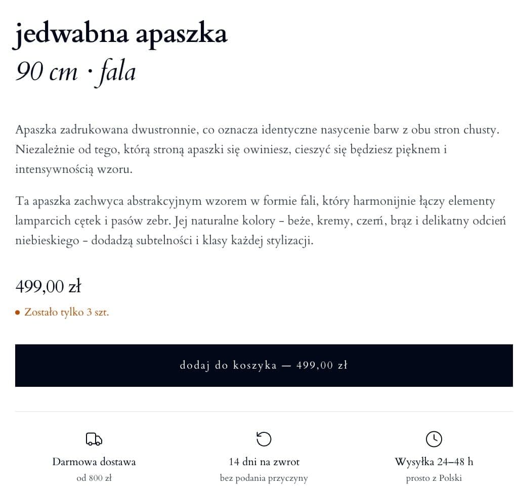 Strona produktu Sine Silk z ceną i informacjami o dostawie