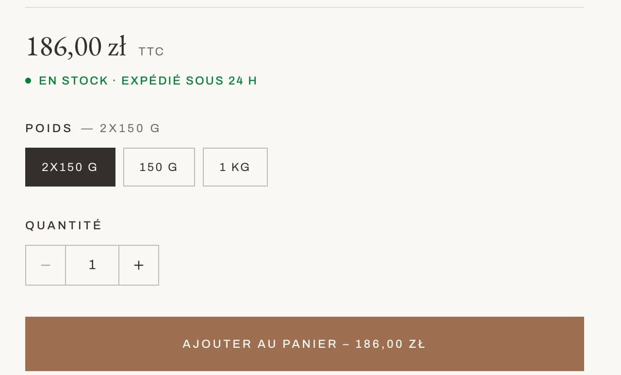 Choix du format et de la quantité sur une fiche produit