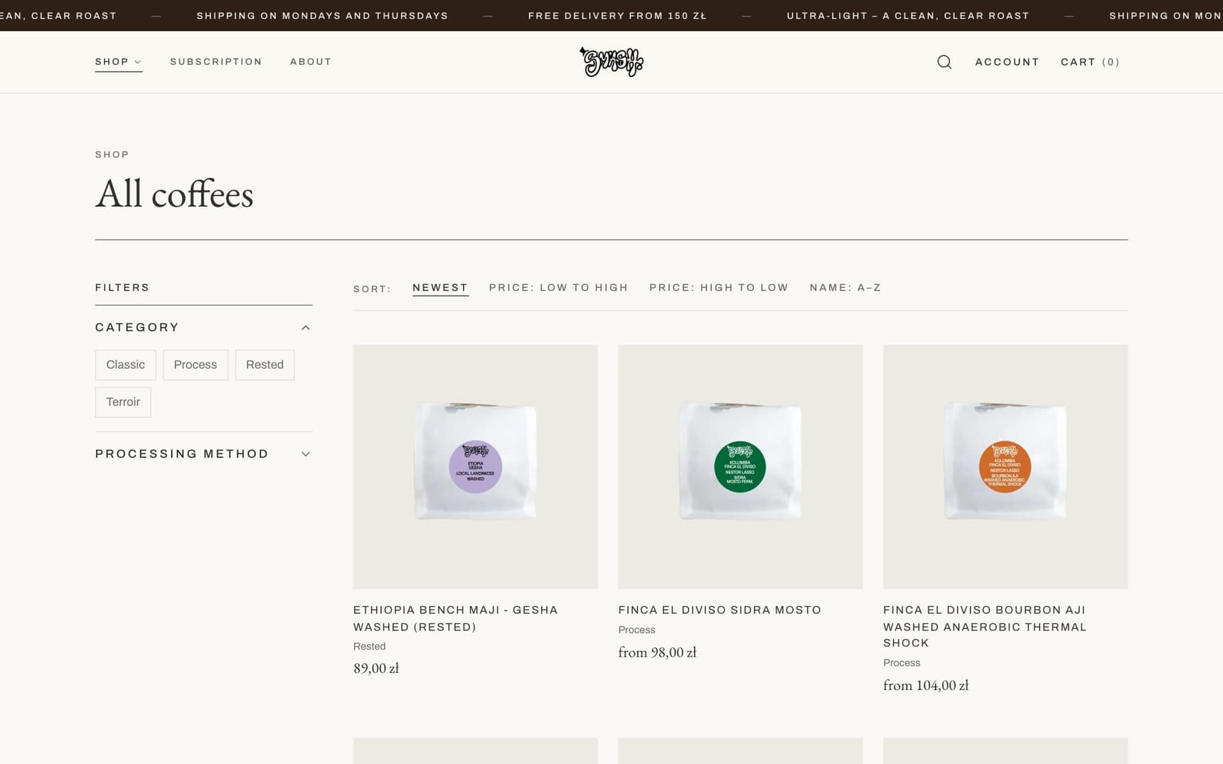 The Smash Roastery store on desktop: all coffees