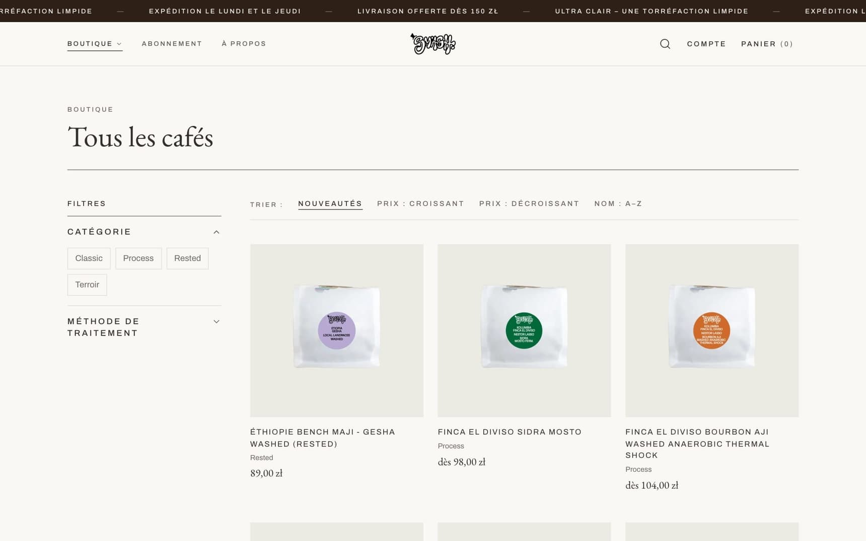 La boutique Smash Roastery sur ordinateur : tous les cafés