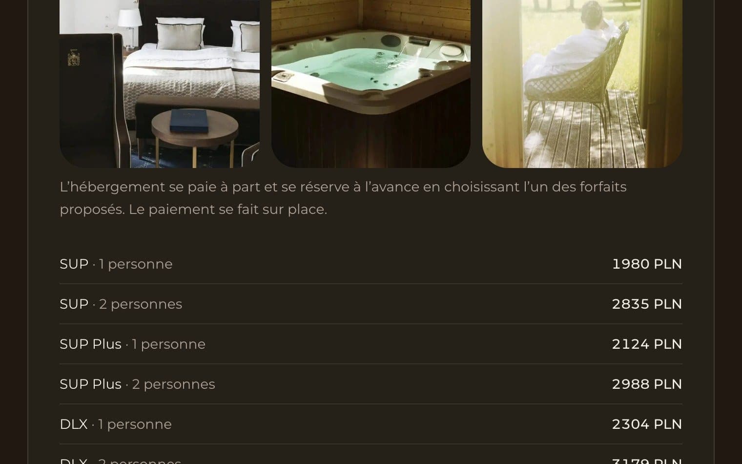 Forfaits de séjour au palais avec leurs prix sur la page des retraites