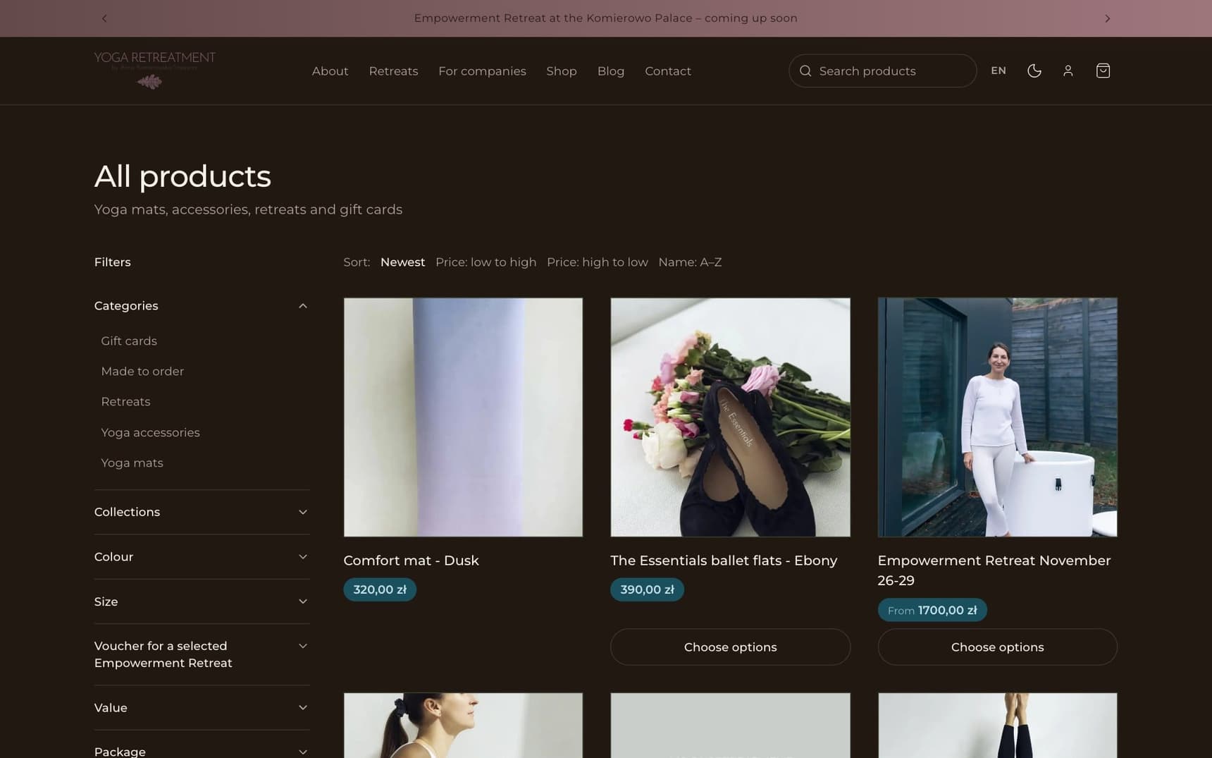 The Yoga Retreatment store on desktop: all products