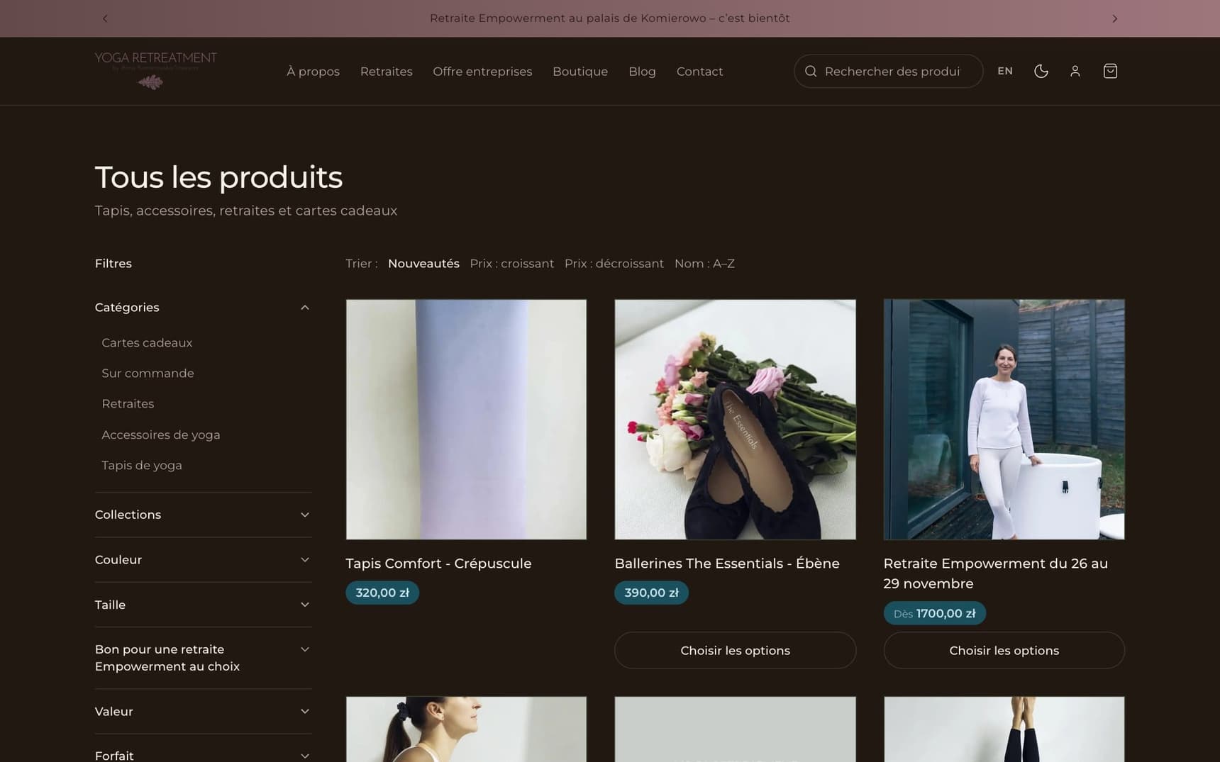 La boutique Yoga Retreatment sur ordinateur : tous les produits