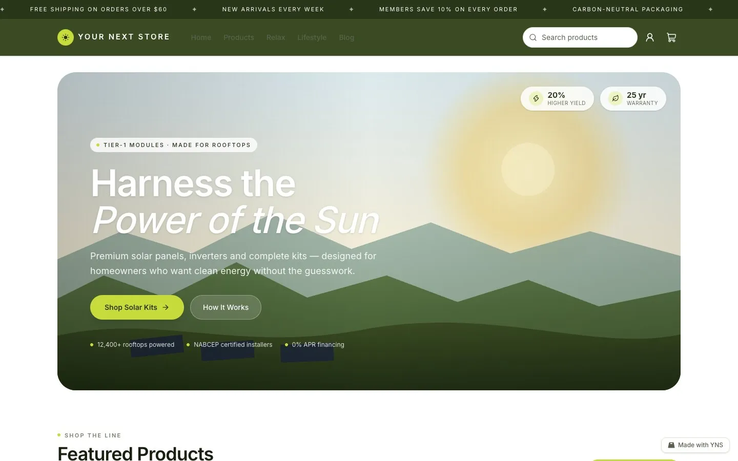 Solar store template, home page