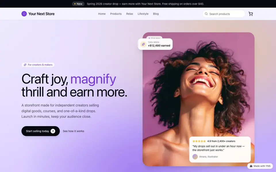 Creator Kit store template, home page