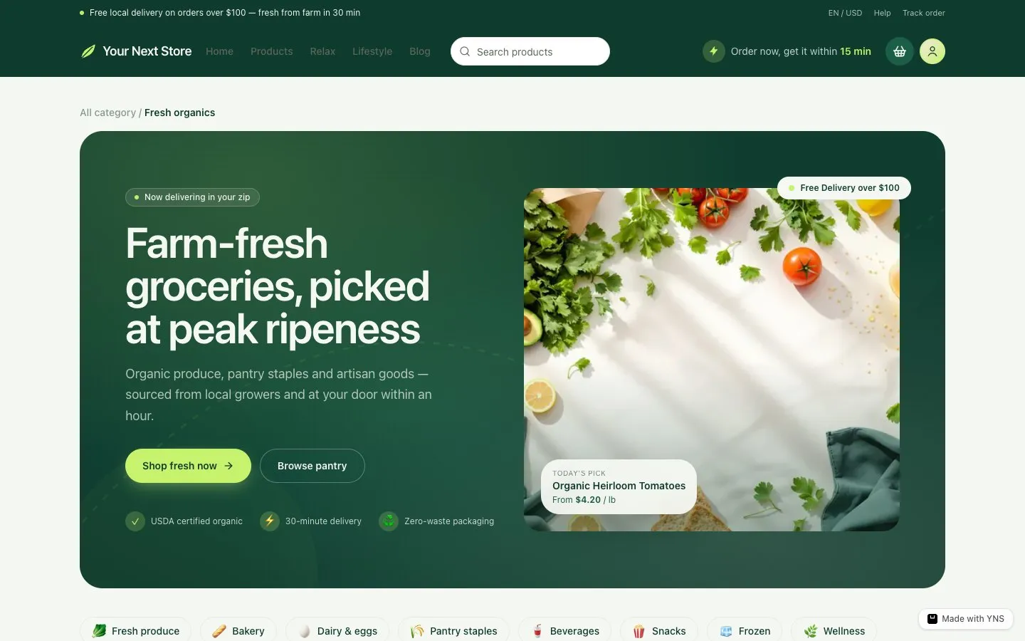 Organic store template, home page