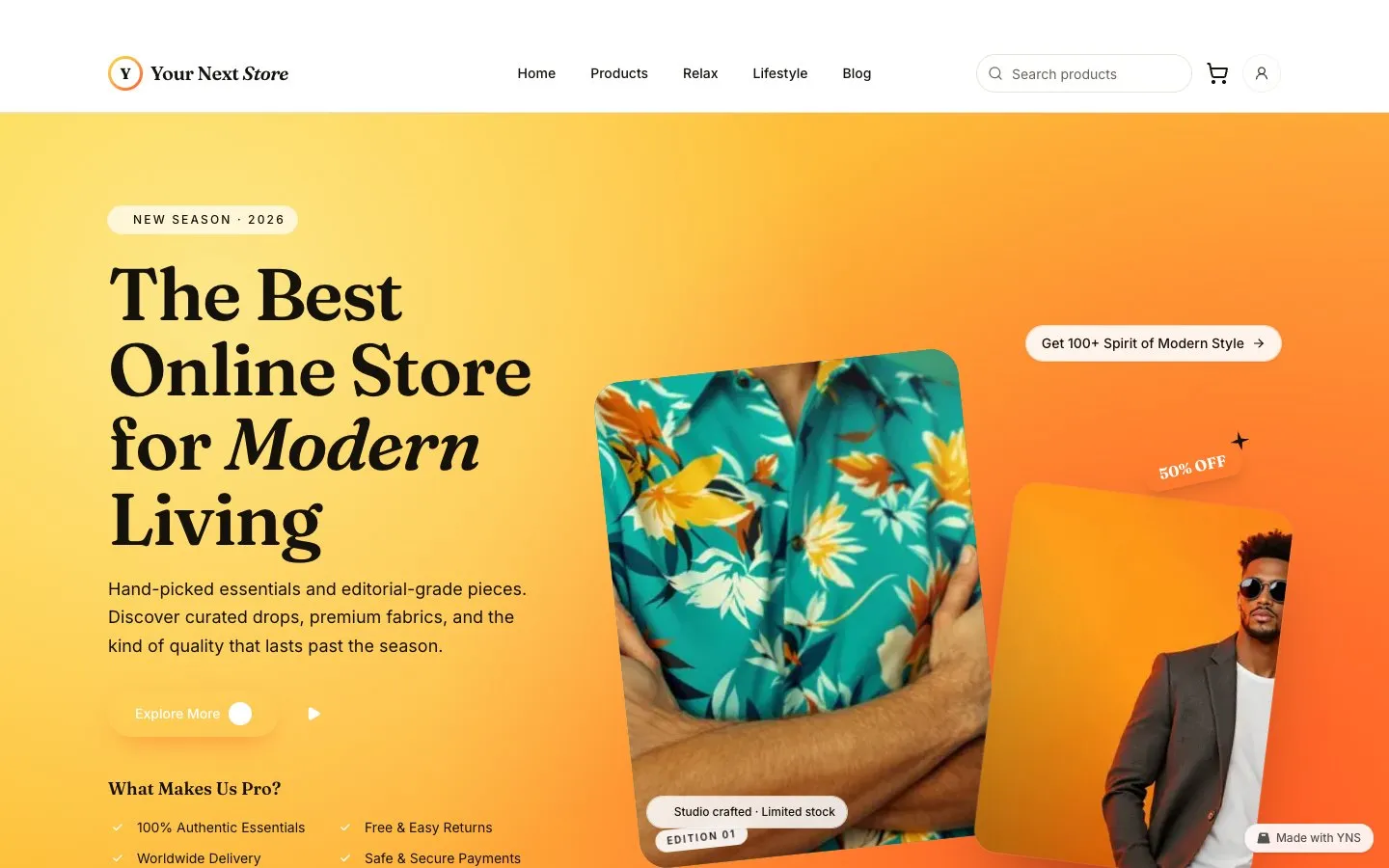 Sunset store template, home page