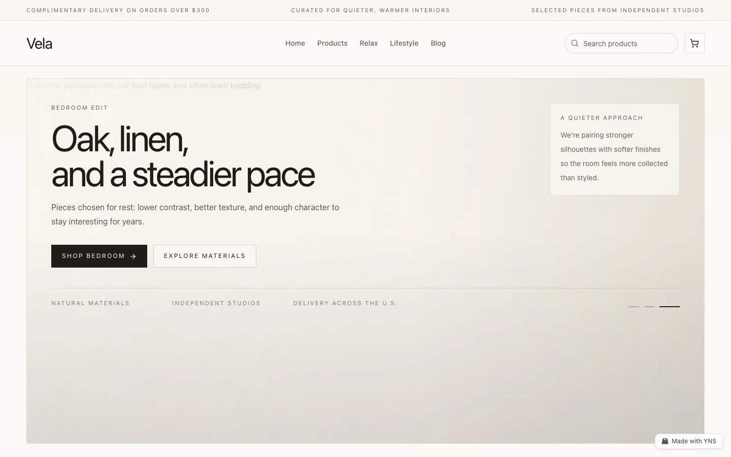 Vela store template, home page