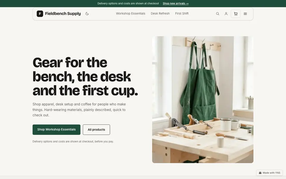 Fieldbench store template, home page
