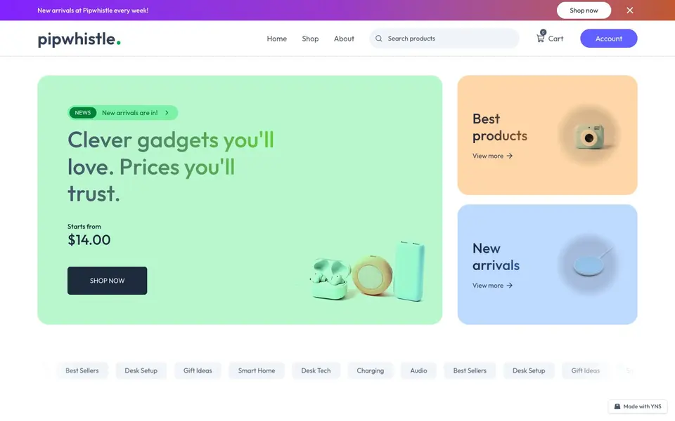 Pipwhistle store template, home page