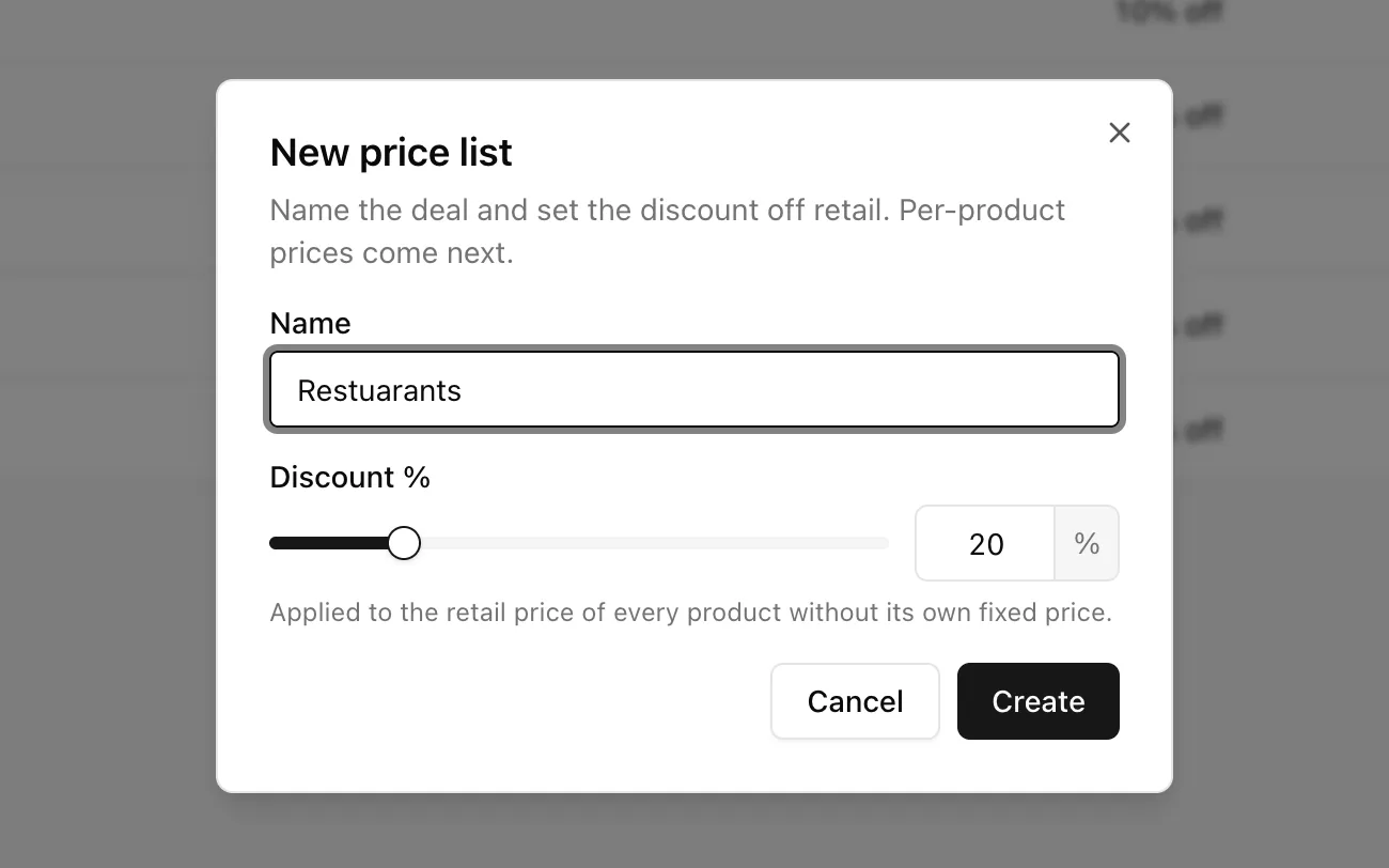 The New price list dialog with a name and a 20% discount